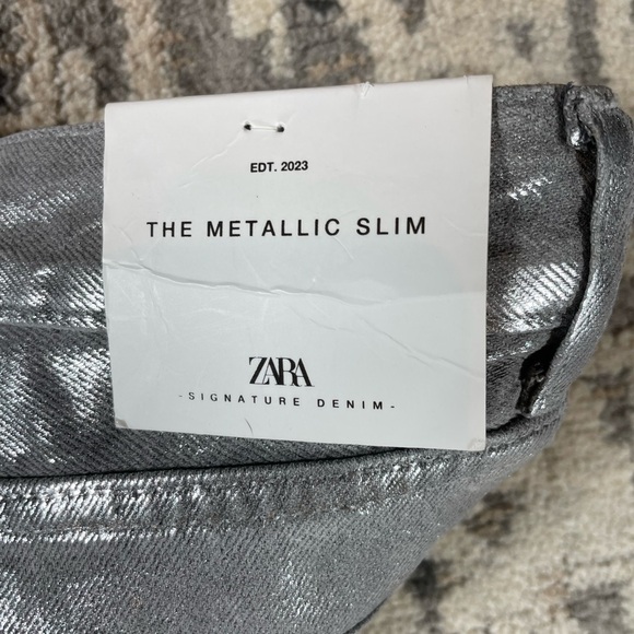New Zara Midrise Metallic Sparkle Slim Straight Silver Grey Jeans - Picture 8 of 13